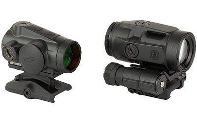 Sig Sauer ROMEO5 GEN II/JULIET3-MICRO |  Red Dot Sight and Magnifier Combo |  1X20mm/3X22mm |  2 MOA Red Dot |  Matte Finish |  Black |  Fits Picatinny Rail |  Includes 90 Degree Push-Button Flip-to-Side Magnifier Mount and Low-Profile Red Dot Mount