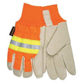 Leather Gloves, Pigskin Palm, Knit Cuff, Beige Palm, HiVis Orange and Yellow Back, 1 PR