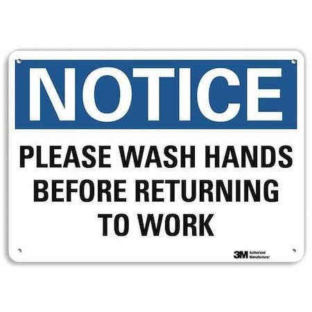 Notice, Please Wash Hands Before Returning To Work, 7 in x 10 in,   Plastic, U5-1456-NP_10X7