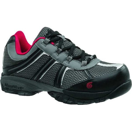 Men's Athletic Shoe, Steel Toe, Leather, Mesh Upper, Rubber Outsole, Lace Up, Gray/Red, 11 1/2