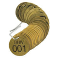 Numbered Tag, Brass, 1 1/2 in H x 1 1/2 in W, 1 1/2 in Dia., Brass, Round, 25 PK