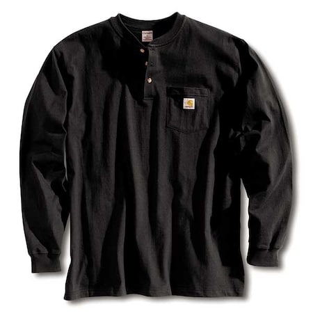 Men's Long Sleeve Henley, Cotton, Pullover/Button, 1 Pocket(s), Black, 2XL