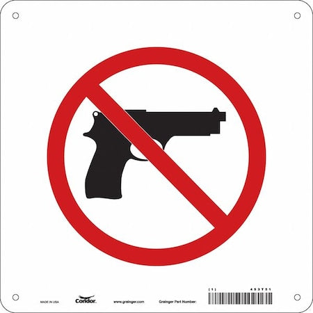 No Concealed Weapons Sign, 10 in Height, 10 in Width, Aluminum, Square, English