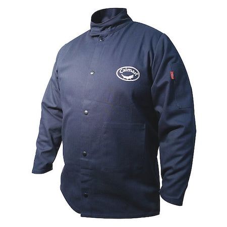 Welding Jacket, Cotton, 9 oz, 32 in Length, Hook-and-Loop Closure, 1 Pockets, Navy, 2XL