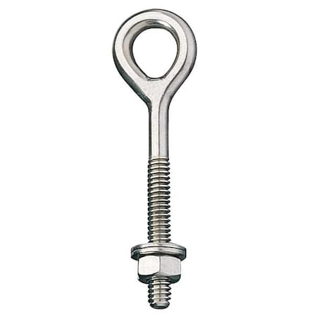 Routing Eye Bolt Without Shoulder, 1/4"-20, 6 in Shank, 15/32 in ID, 316 Stainless Steel, Plain