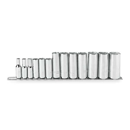 3/8" Drive 13 Piece Deep Socket Set - 6 Point, Skt St, Chrm, 5/16-7/8 in, 6Pt