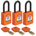 Lockout Padlock, Keyed Alike, Nylon, Orange, 1 1/2 in Shackle Height, 1 1/2 in Body Width, 3 PK