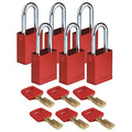 Lockout Padlock, Keyed Alike, Aluminum, Red, 1 1/2 in Shackle Height, 1 1/2 in Body Width, 6 PK
