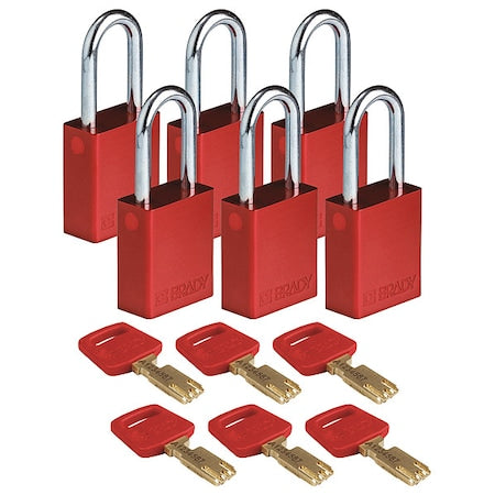Lockout Padlock, Keyed Alike, Aluminum, Red, 1 1/2 in Shackle Height, 1 1/2 in Body Width, 6 PK