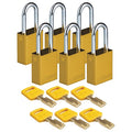 Lockout Padlock, Keyed Alike, Aluminum, Yellow, 1 1/2 in Shackle Height, 1 1/2 in Body Width, 6 PK
