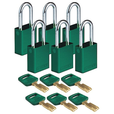 Lockout Padlock, Keyed Alike, Aluminum, Green, 1 1/2 in Shackle Height, 1 1/2 in Body Width, 6 PK
