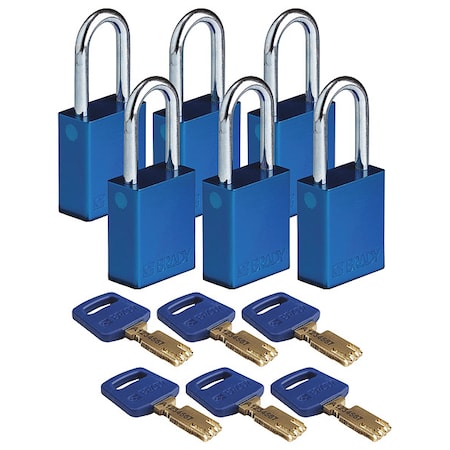 Lockout Padlock, Keyed Alike, Aluminum, Blue, 1 1/2 in Shackle Height, 1 1/2 in Body Width, 6 PK
