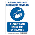 Stop The Spread Of Coronavirus Sign, 10" W x 14" H, English, Polystyrene, Blue, White