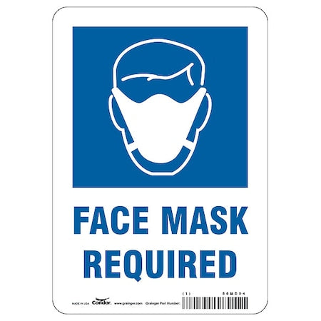 Face Mask Required Sign, 7" W x 10" H, English, Plastic, White