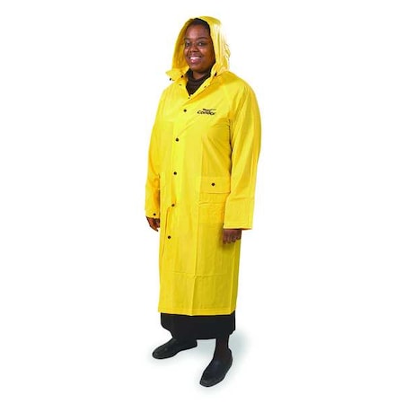 Raincoat with Detachable Hood, PVC, 49 in Length, Snap Closure, Yellow, XL