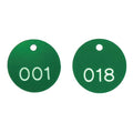 Engraved Numbered Tags, Plastic, 1 1/8 in H x 1 1/8 in W, 1 1/8 in Dia., Green/White, Round, 100 PK
