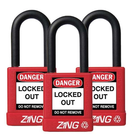 Lockout Padlock, Keyed Alike, Aluminum, Red, 1 1/2 in Shackle Height, 1 1/2 in Body Width, 3 PK
