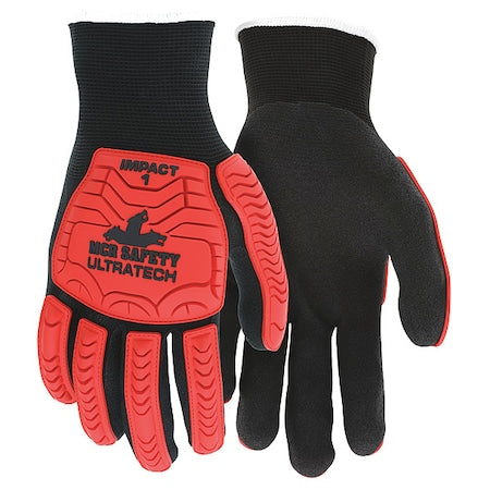 Coated Gloves, Nitrile, Dotted, Palm and Fingers, 3 Abrasion Level, Black/Red/White, L (9) 12 PK