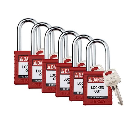 Padlock, Keyed Different, Nylon, Red, 1 1/2 in Shackle Height, 1 1/2 in Body Width, 6 No. of Keys