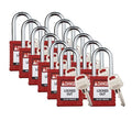 Padlock, Keyed Different, Nylon, Red, 1 1/2 in Shackle Height, 1 1/2 in Body Width, 12 No. of Keys