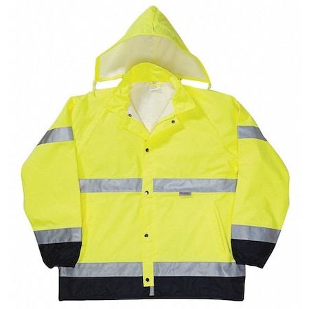 Rain Jacket with Zip Rollaway Hood, Polyester, Class 3 R, Yellow, 4XL