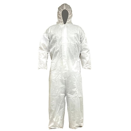 Disposable Coverallss, Hooded, XL, PP SMS, Elastic Wrist, Elastic Ankle, Serged Seam, White, 25 PK