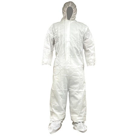 Disposable Coverallss, Hooded, 4XL, PP SMS, Elastic Wrist, Not Applicable Ankle, Serged Seam, White