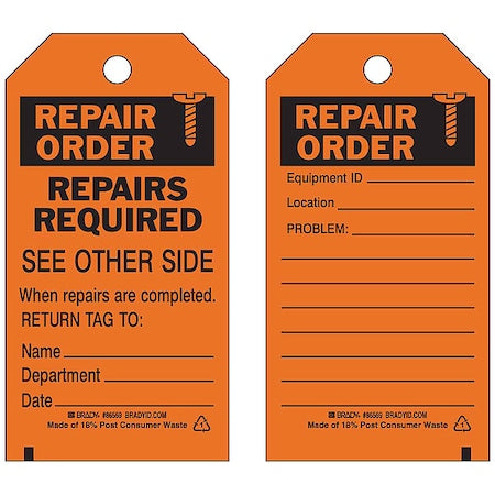Repair Order, Repairs Required When Repairs Are Completed. Return Tag To Name_ Dept_ Date_