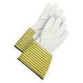 Leather Gloves, Cowhide, Safety Cuff, Wing Thumb, Full Finger, Blue/Pearl/Yellow, L, 1 PR
