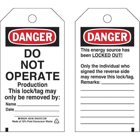 Danger Tag, Polyester, 5 3/4 in H x 3 in W, Black/Red on White, Rectangle, 25 PK