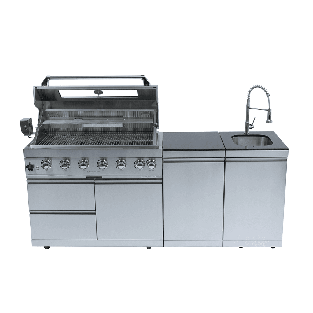 82" 6-Burner 85000 BTU Silver Outdoor Kitchen Island Grill + Storage Cabinets & Drawers & Sink/Faucet