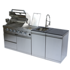 NG 85" 4-Burner 72,000 BTU Silver Outdoor Kitchen Island Grill + Side B & Storage Cabinets & Sink