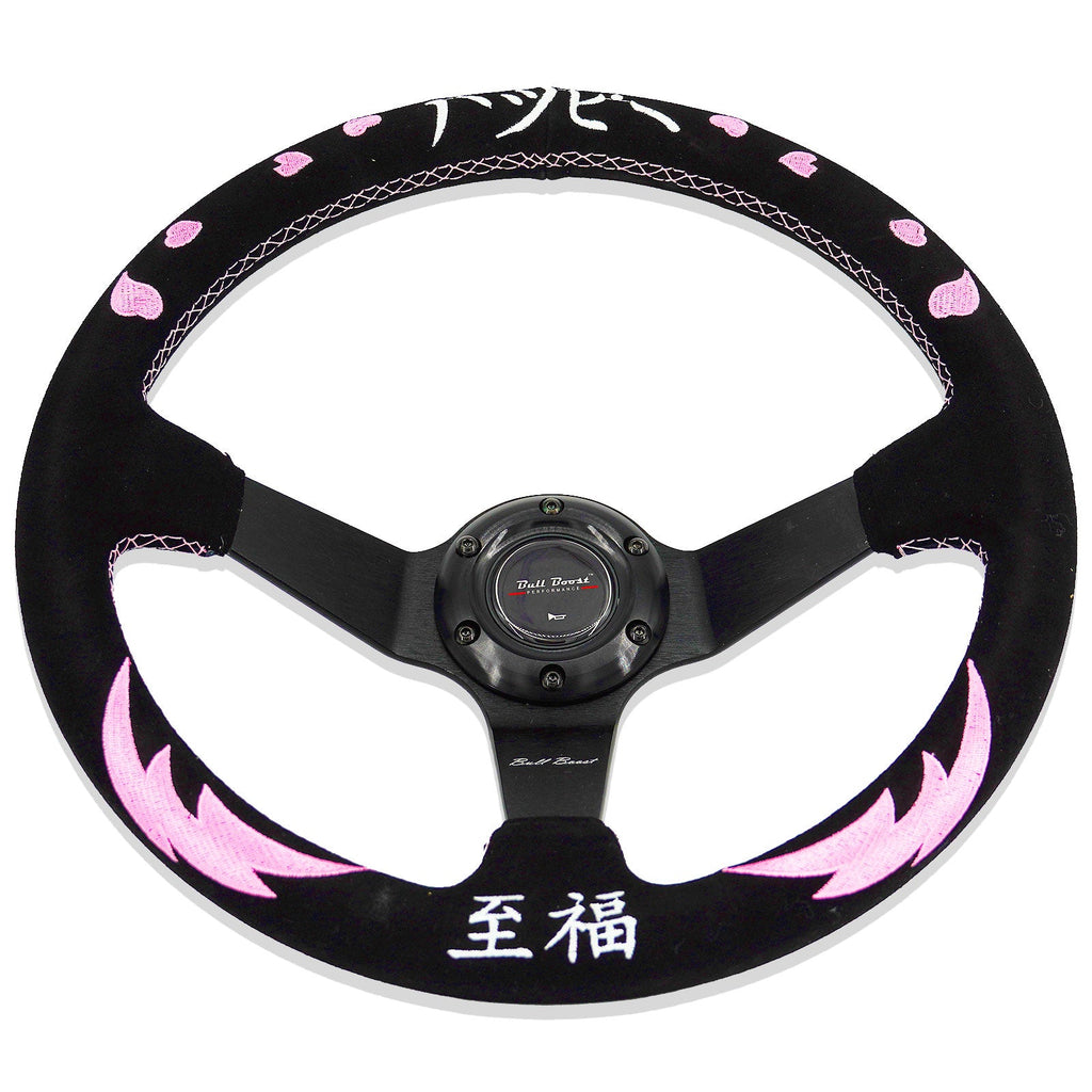 Heart Bliss Universal 350mm 3" Deep Dish 6-Bolt Steering Wheel Black Suede