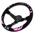 Heart Bliss Universal 350mm 3" Deep Dish 6-Bolt Steering Wheel Black Suede