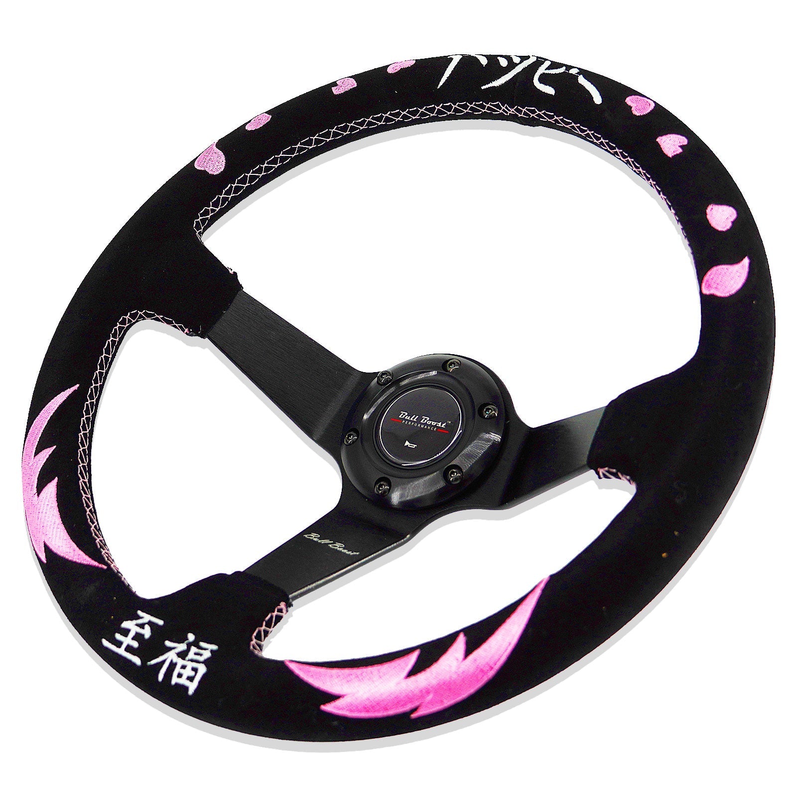 Heart Bliss Universal 350mm 3" Deep Dish 6-Bolt Steering Wheel Black Suede