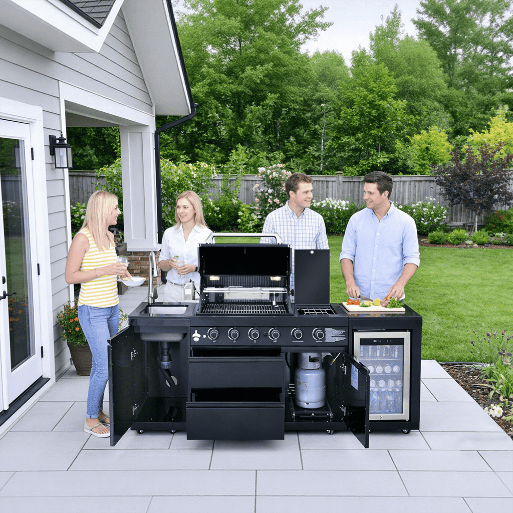 85.2" 4+1 Burner 71,500 BTU Black Outdoor Kitchen Island Grill+ Sink + Refrigerator