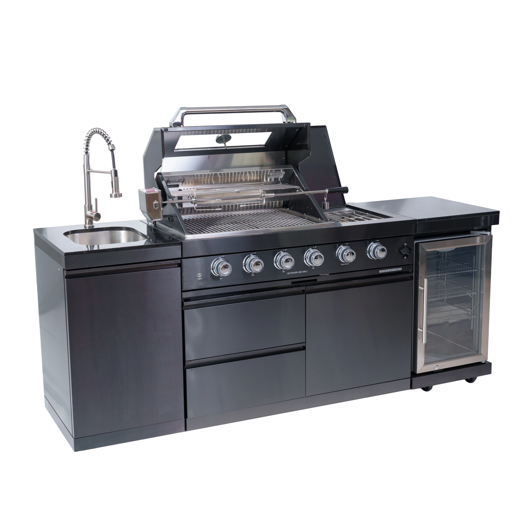 NG 85" 4-Burner 72,000 BTU Black Outdoor Kitchen Island Grill + Refrigerator + Sink