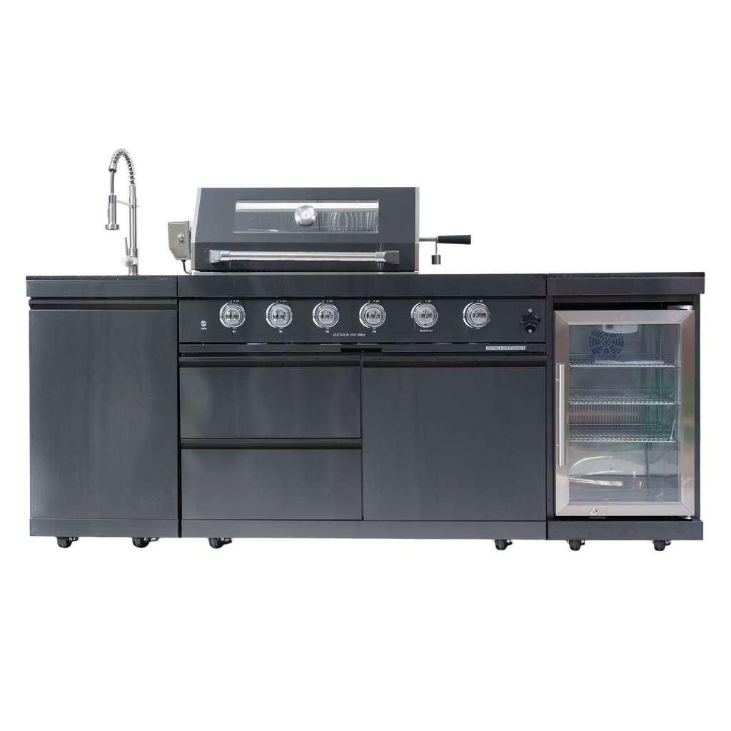 NG 85" 4-Burner 72,000 BTU Black Outdoor Kitchen Island Grill + Refrigerator + Sink