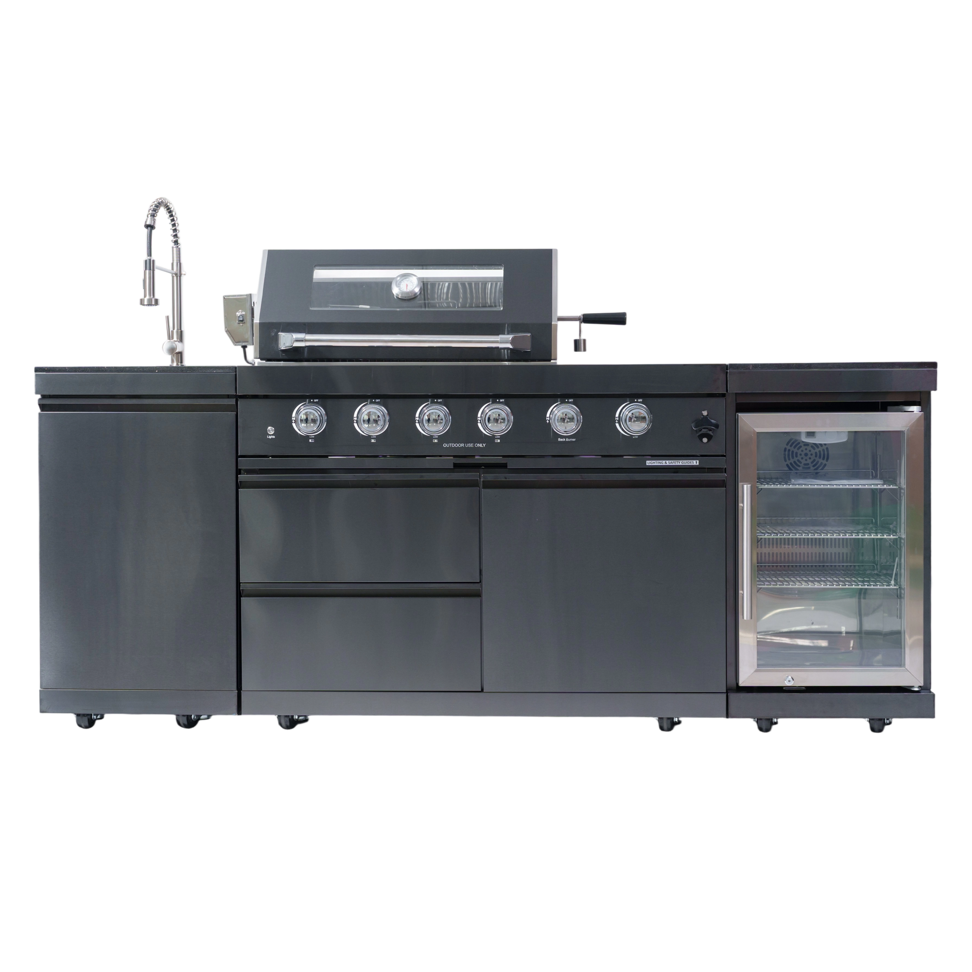 NG 85" 4-Burner 72,000 BTU Black Outdoor Kitchen Island Grill + Refrigerator + Sink