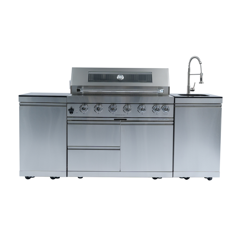 82" 6-Burner 85000 BTU Silver Outdoor Kitchen Island Grill + Storage Cabinets & Drawers & Sink/Faucet