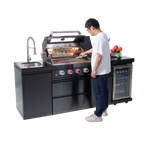 NG 85" 4-Burner 72,000 BTU Black Outdoor Kitchen Island Grill + Refrigerator + Sink