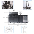 NG 85" 6-Burner 85,000 BTU Black Outdoor Kitchen Island Grill Refrigerator + Rotisserie Kit + Sink