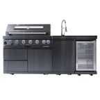 NG 85" 6-Burner 85,000 BTU Black Outdoor Kitchen Island Grill Refrigerator + Rotisserie Kit + Sink