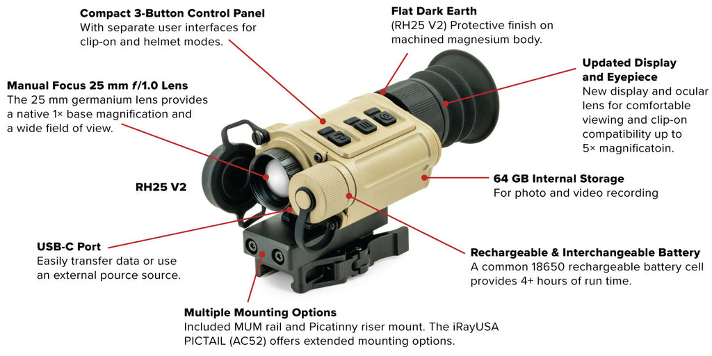 iRay RH25 V2 - 4-in-1 Multipurpose Thermal with 1,375 Yard Improved Detection - HD Clarity