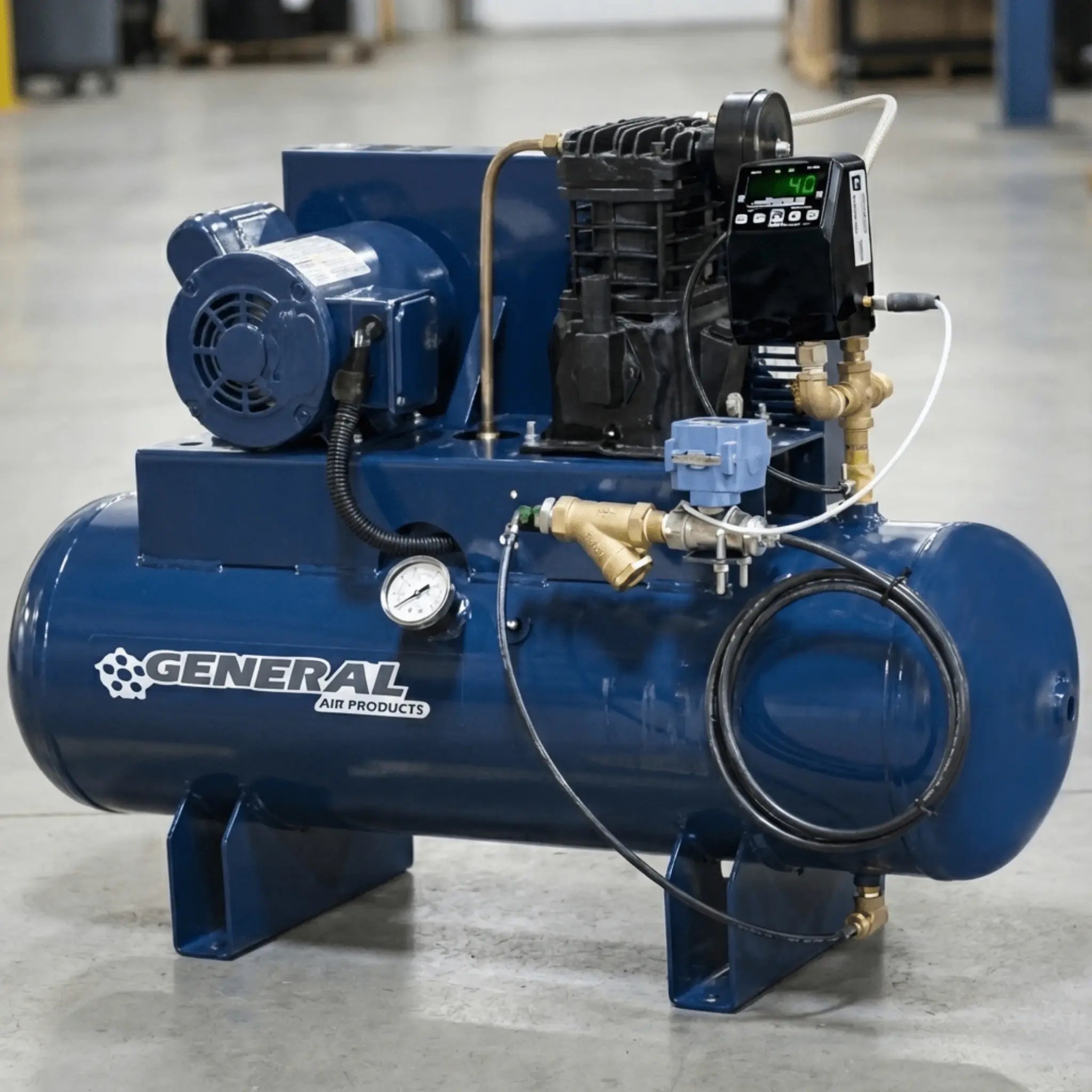 General Air Products LT Plus Series Oil Lubricated Tank Mounted Air Compressor for Robust Fire Safety.