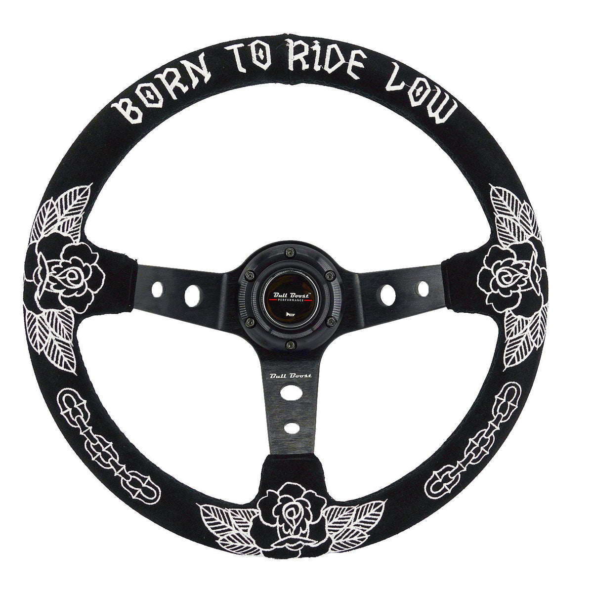 Custom Rose Universal 350mm 3" Deep Dish 6-Bolt Steering Wheel Black Suede Alcantara
