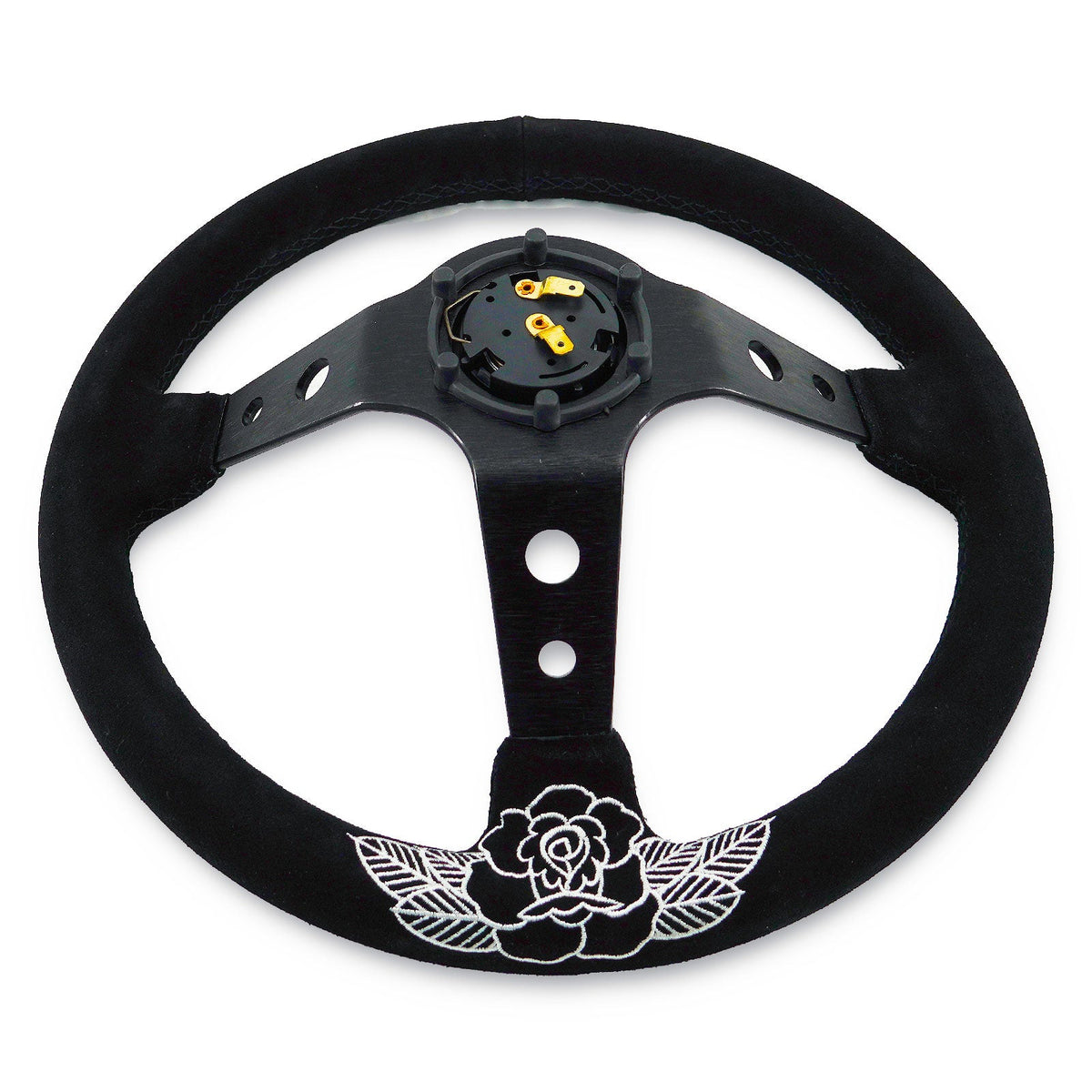 Custom Rose Universal 350mm 3" Deep Dish 6-Bolt Steering Wheel Black Suede Alcantara