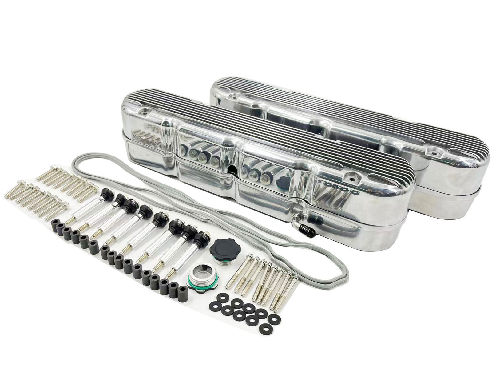 Aluminum finned Valve Covers w/ Coil Mounts & Cover for LS Engine Polished