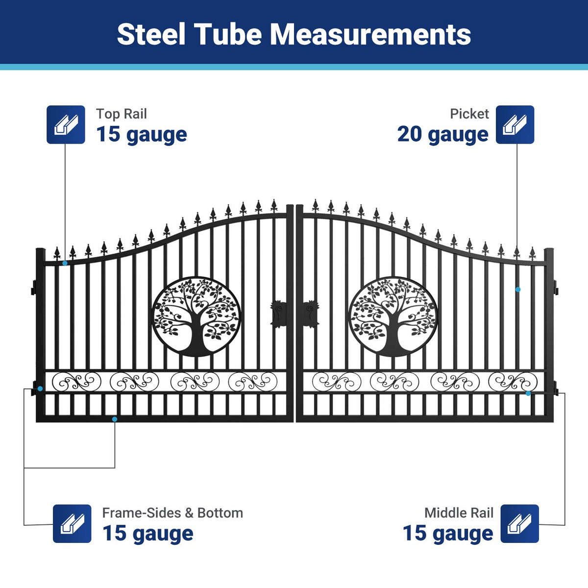 16x8 ft Steel Dual Swing Driveway Gate with Tree Pattern