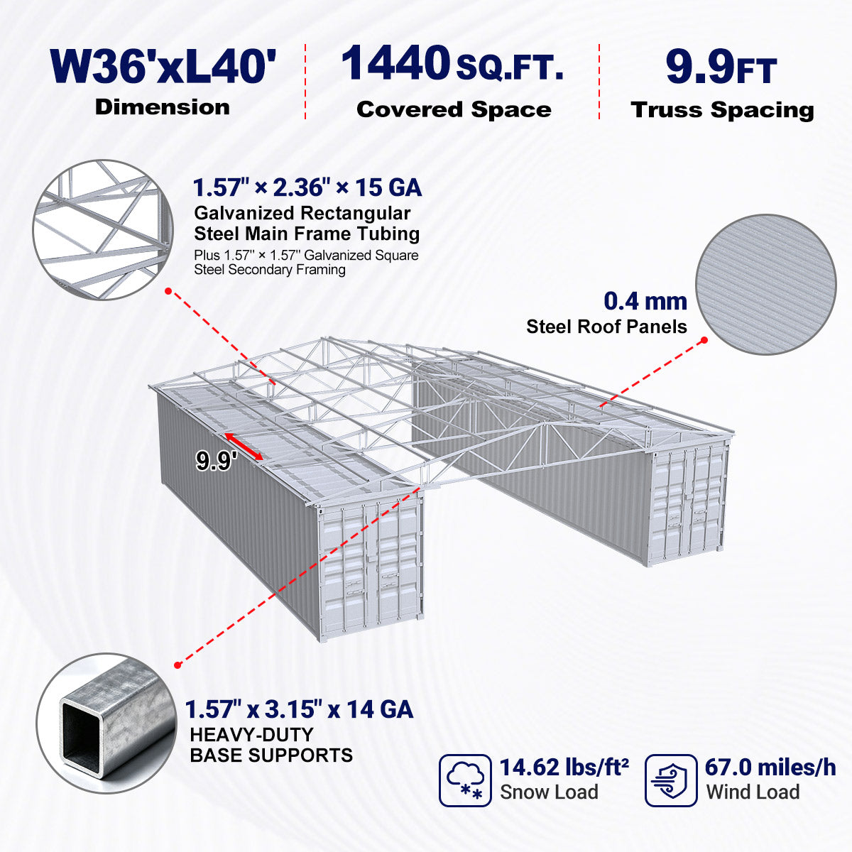 W36'xL40'xH4' Steel Shipping Container Roof Kit